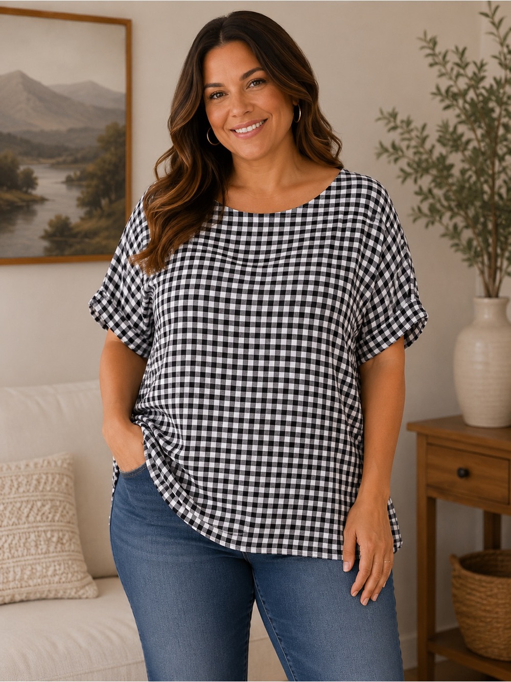 Bella Flore Gingham Scoop Neck Short Sleeve Tunic Blouse Size 3X